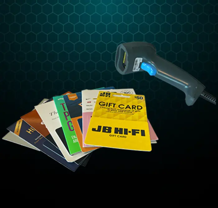Barcode scanner with a stack of gift cards for bulk ordering